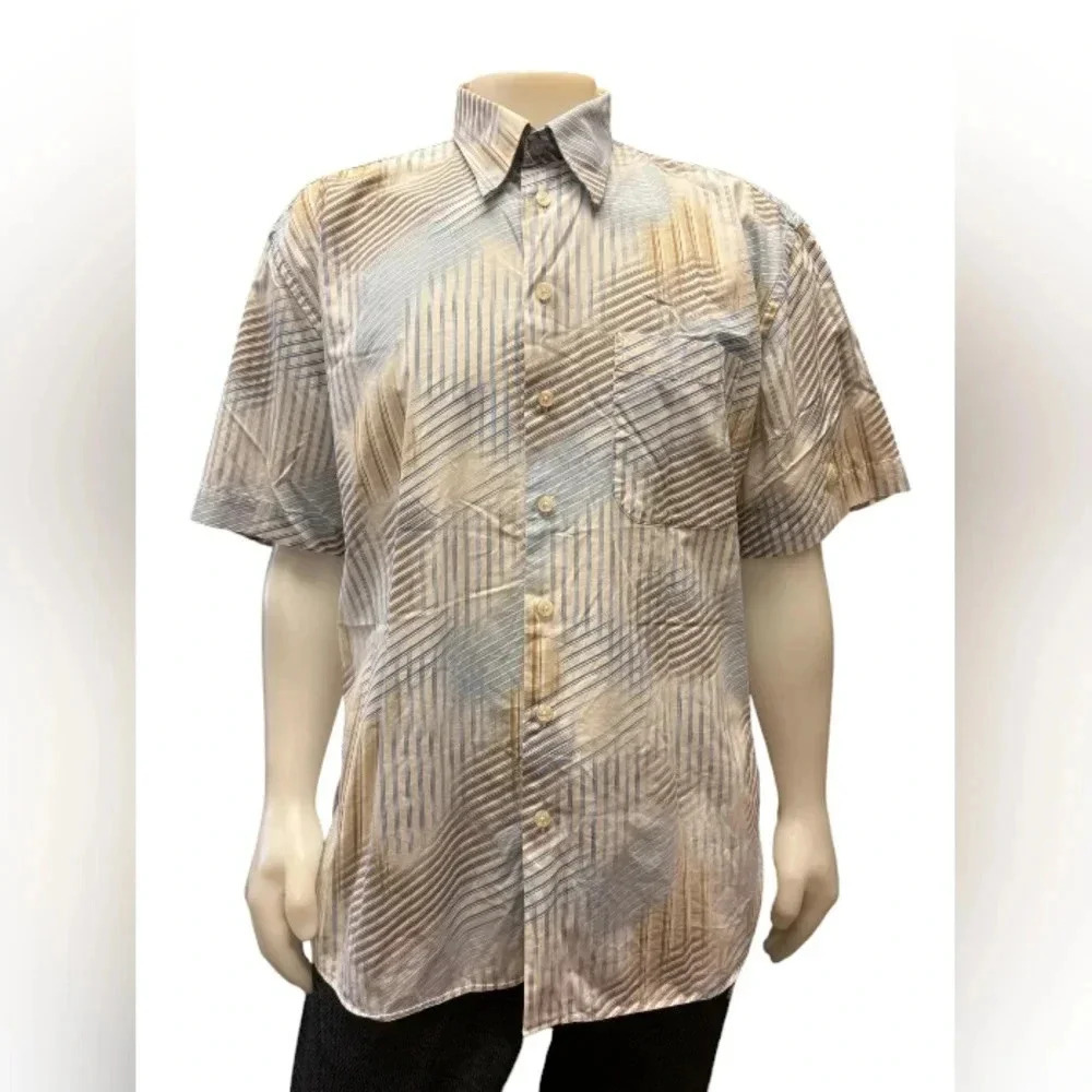 Jack Lipson 100%  Cotton S/S Striped Polo Button Up Tan/Blue/White Shirt Size XL